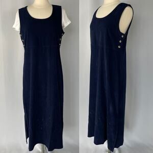 Vintage Overall Dress Size Medium Navy Blue Suede Embroidered Pinafore 90s Y2K